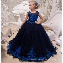 2019 New Design Jewel Neck Puffy A Line Beaded 3D Floral Appliqued Lace Navy Blue Tulle Wedding Flower Girl Dresses Princess